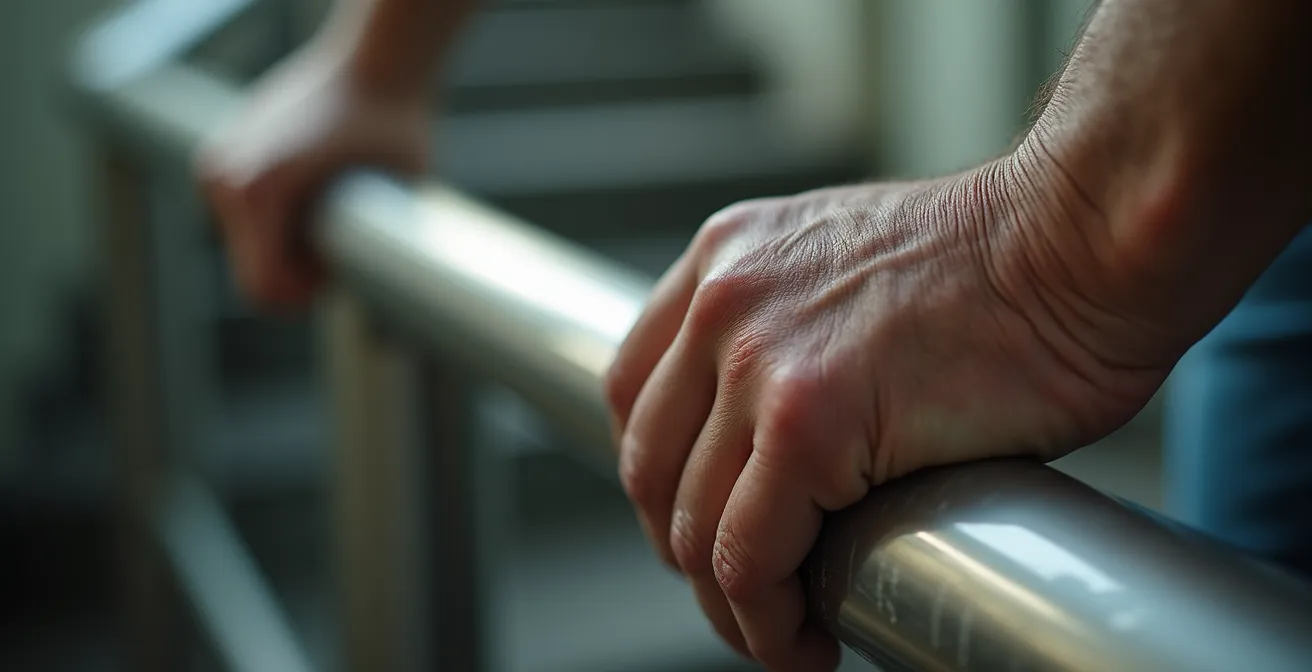 Gros plan sur les mains d'une personne touchant le rail lisse d'un escalier