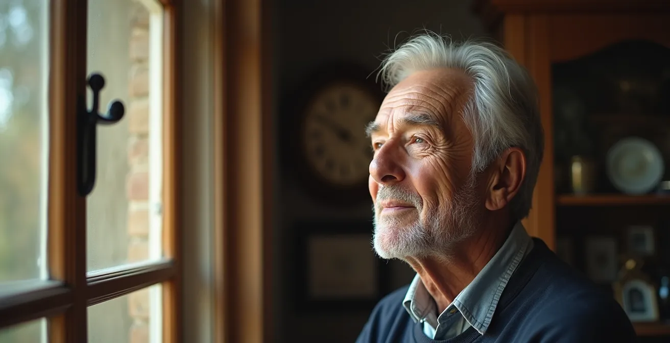 Personne âgée regardant par la fenêtre de sa maison avec vue sur jardin