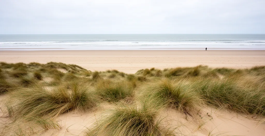 Paysage de la Côte d'Opale avec dunes et plage sous ciel couvert