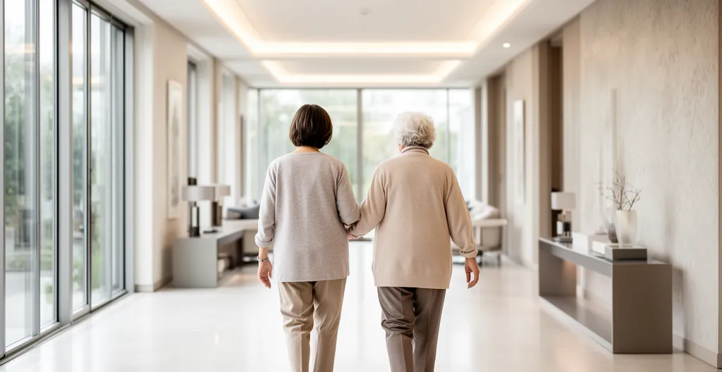 Adulte et parent âgé marchant ensemble dans le couloir lumineux d'une résidence