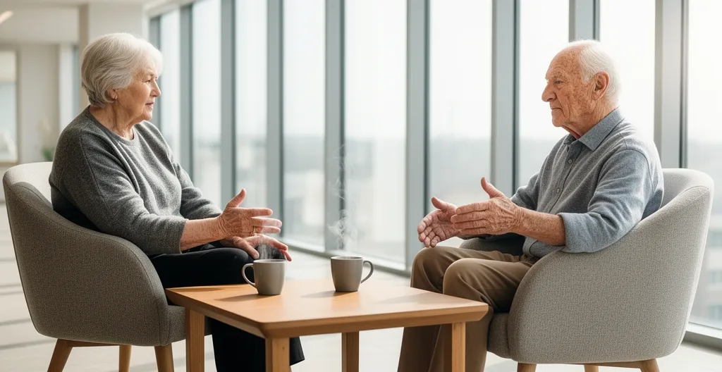 Deux personnes âgées discutant dans un salon lumineux de résidence