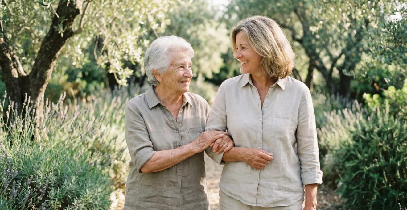 Senior marchant dans un jardin provençal avec un proche adulte, qualité de vie
