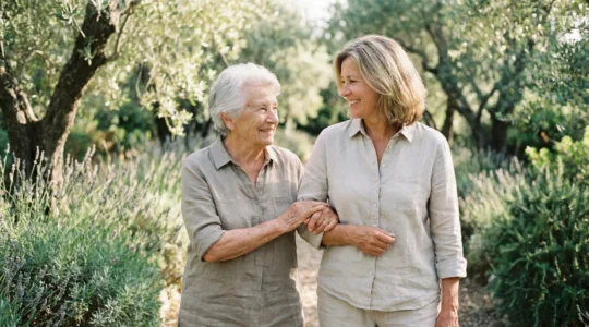 Senior marchant dans un jardin provençal avec un proche adulte, qualité de vie