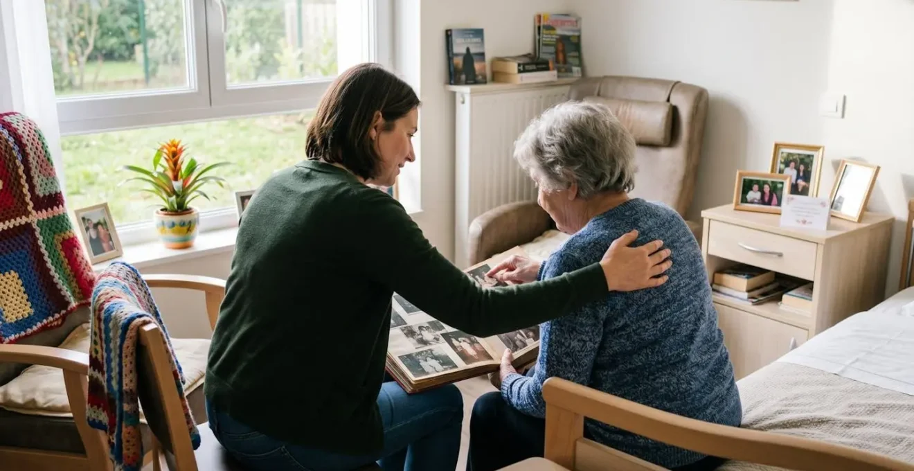 Fille adulte et sa mère résidente consultant ensemble un album photo dans une chambre d'EHPAD