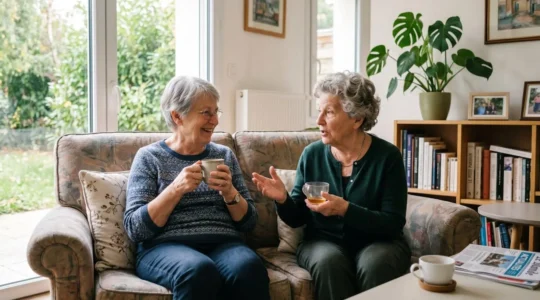 Deux résidentes âgées conversant dans un salon lumineux d'EHPAD, ambiance détendue et chaleureuse
