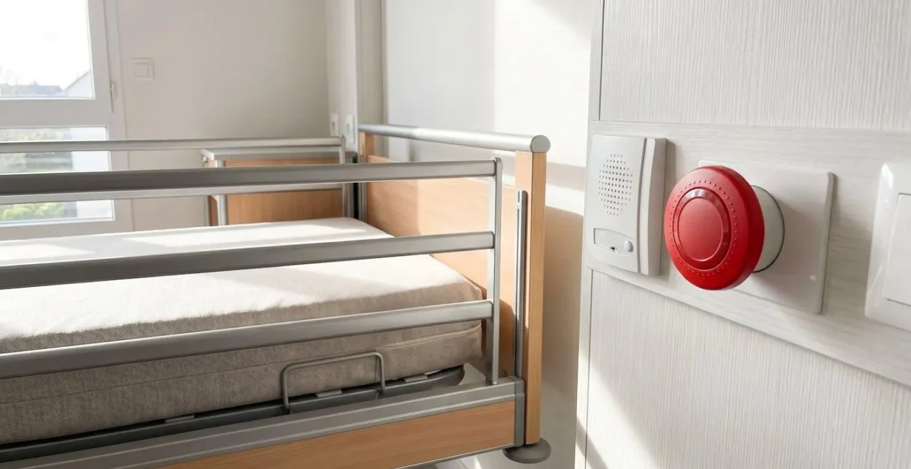 Détail d'une chambre médicalisée avec lit réglable et bouton d'appel d'urgence visible sur le mur