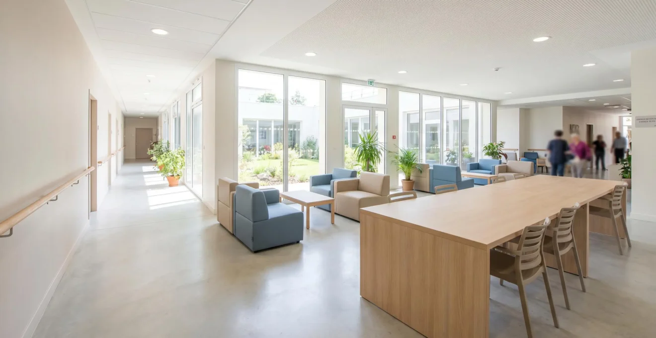 Espace de vie commun lumineux d'un établissement médicalisé pour seniors, avec mobilier contemporain adapté et larges baies vitrées
