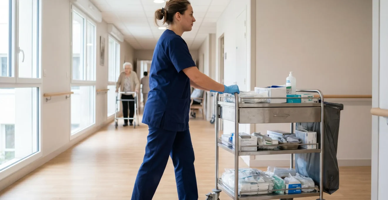 Personnel soignant en tenue professionnelle dans le couloir d'un établissement médicalisé, vu de dos lors d'une intervention quotidienne