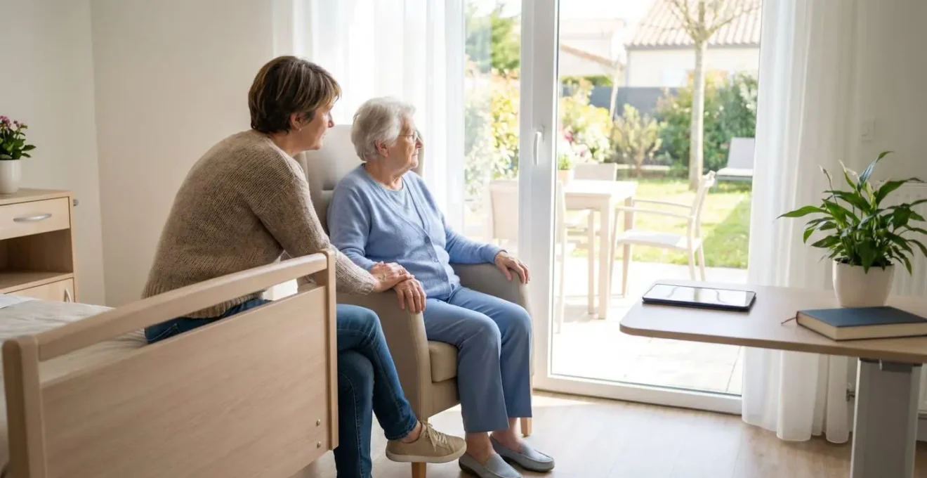 Moment de visite familiale dans une chambre d'établissement médicalisé, interaction bienveillante entre proche et résident