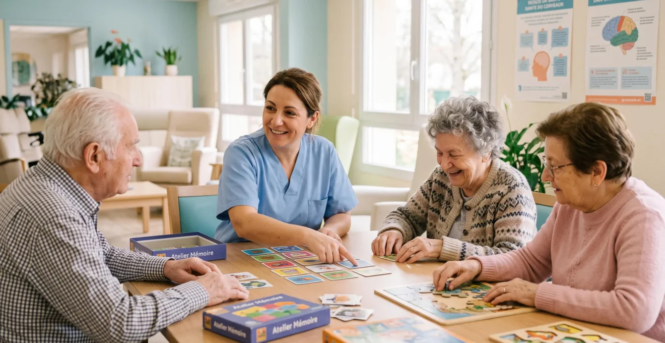 Aide-soignante animant un atelier de stimulation cognitive avec résidents Alzheimer autour d'une table en EHPAD