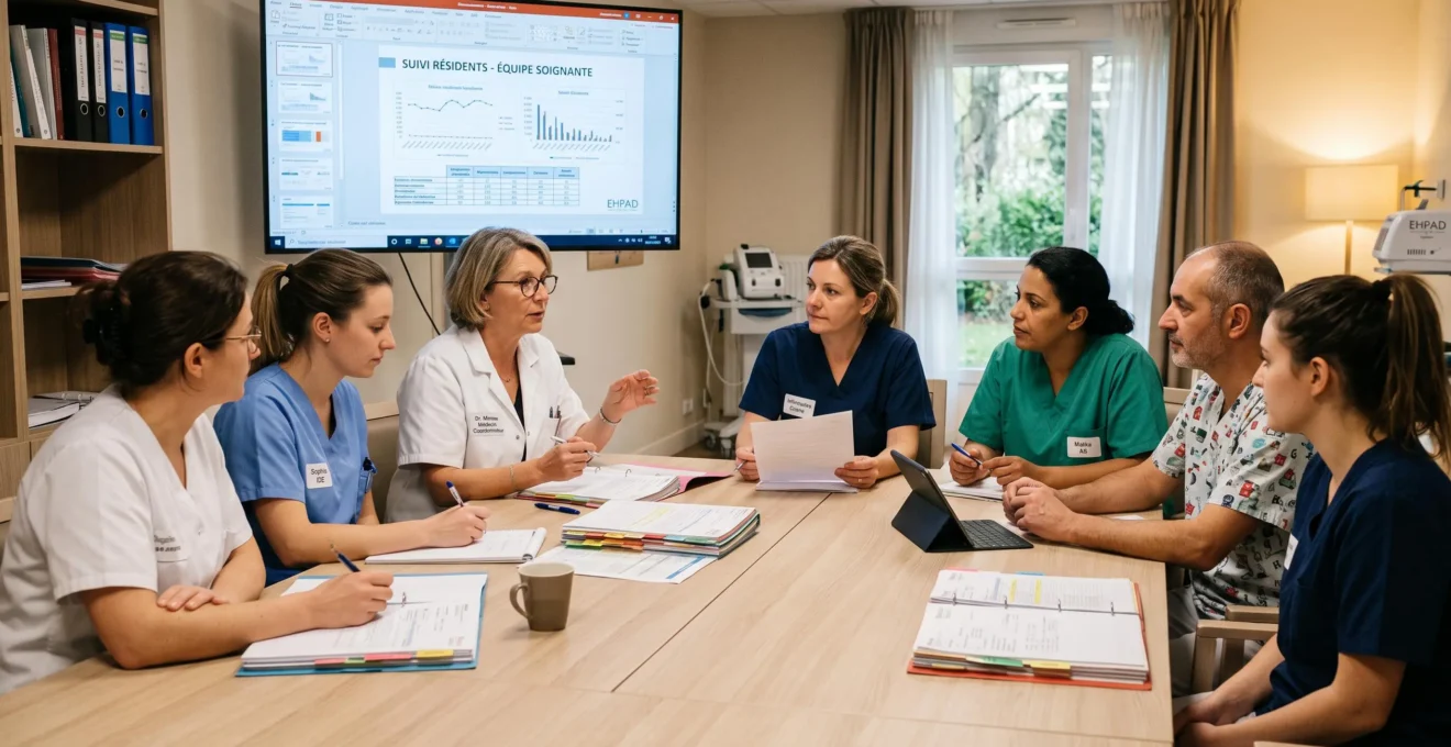 Équipe soignante multidisciplinaire en réunion de coordination autour d'une table dans une salle EHPAD moderne