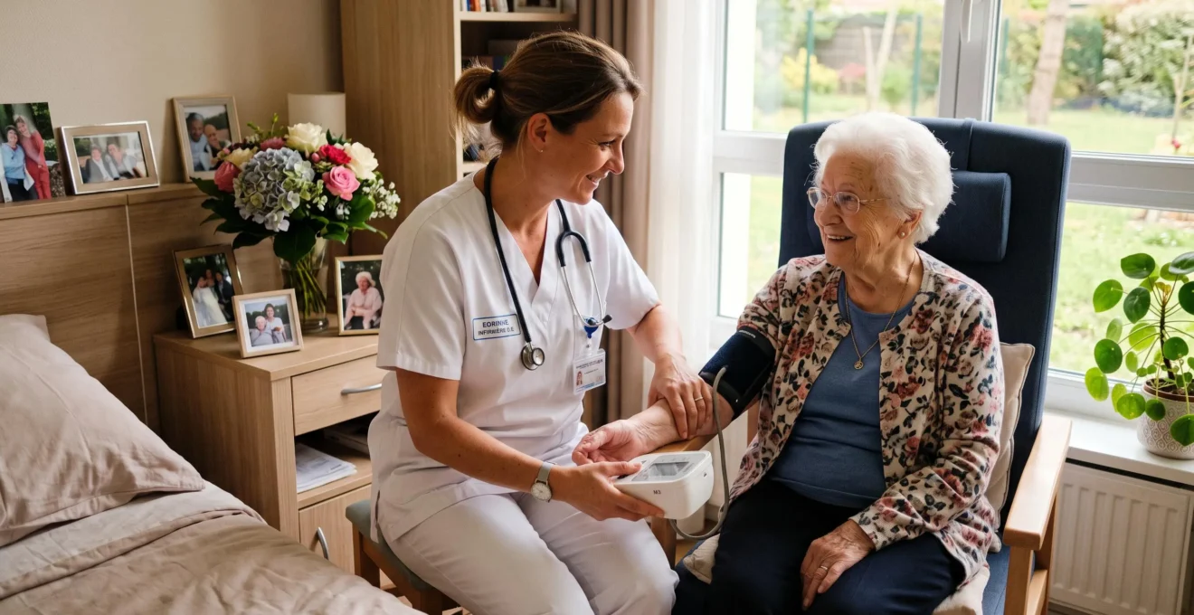 Infirmière diplômée mesurant la tension artérielle d'une résidente senior assise dans un fauteuil médicalisé, dans une chambre EHPAD lumineuse et contemporaine