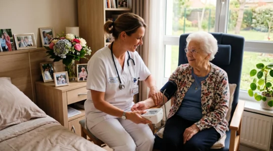 Infirmière diplômée mesurant la tension artérielle d'une résidente senior assise dans un fauteuil médicalisé, dans une chambre EHPAD lumineuse et contemporaine